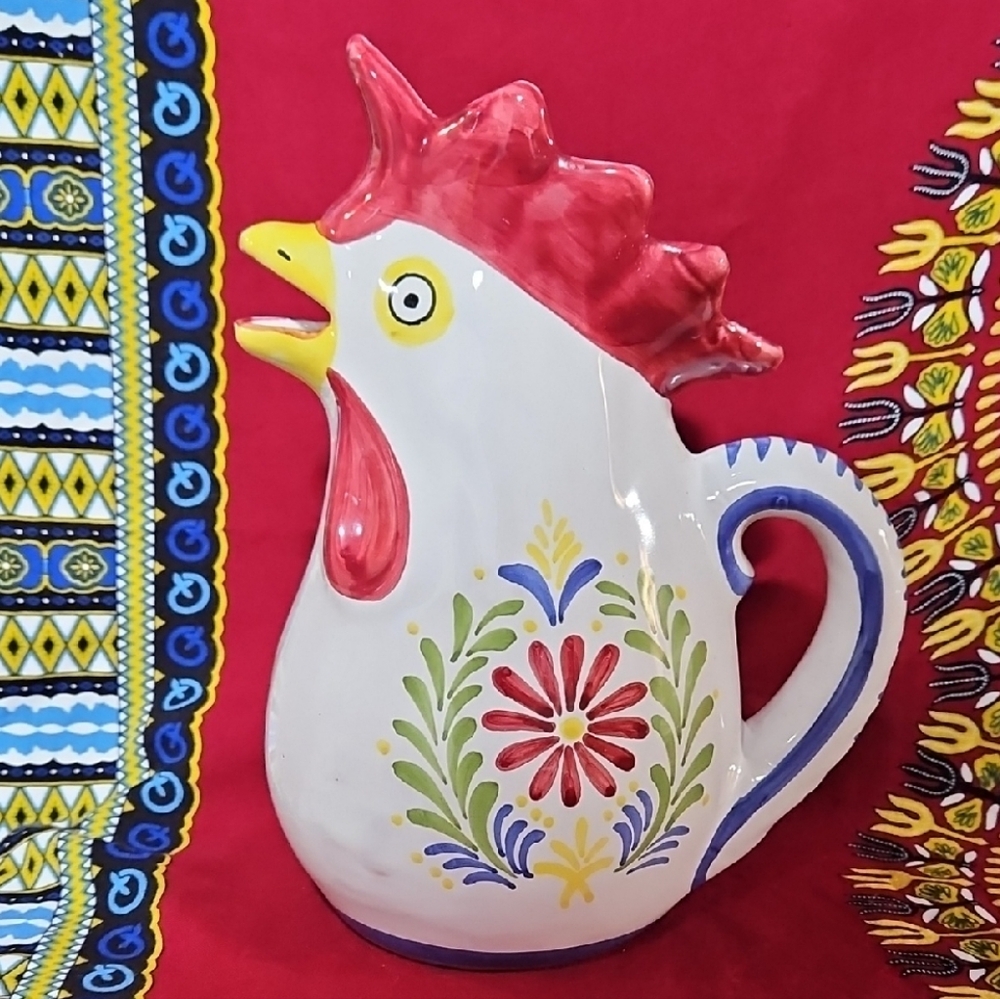 VTG Handcrafted/Painted Colorful "Good Luck" Rooster Pitcher, Made in Italy